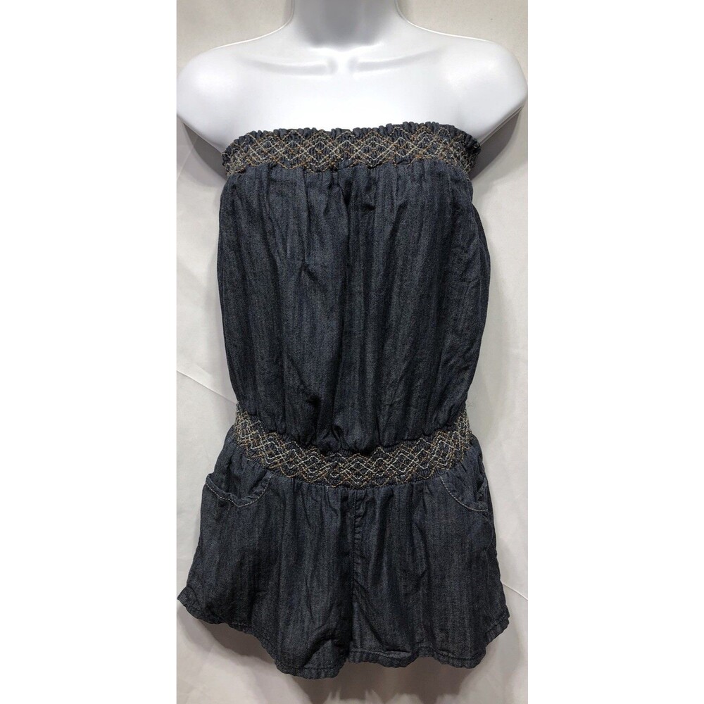 Vintage Mudd Strapless Denim Blue Jean Romper XL Smocked Pockets Shortalls Y2K